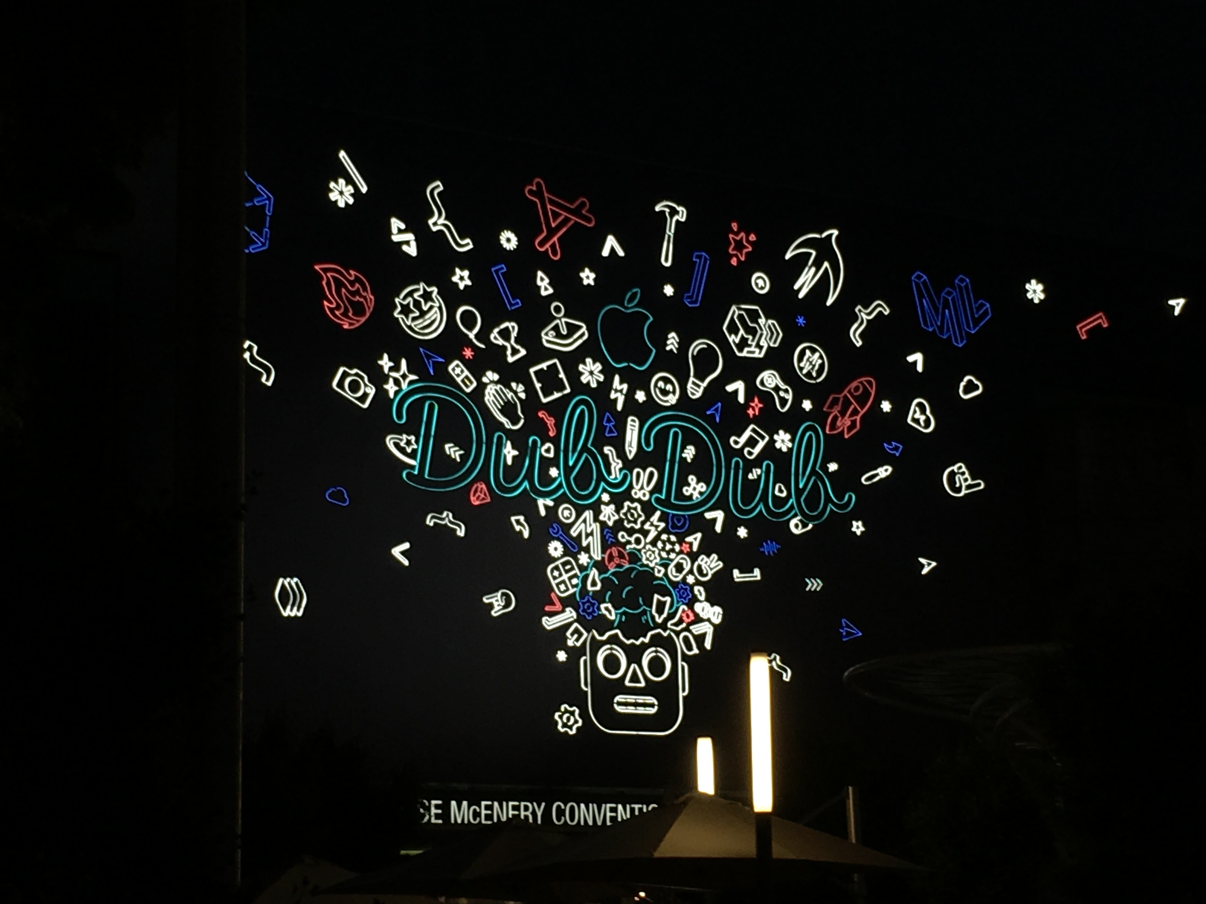 McEnery Convention Center lit up with a huge WWDC19 banner
