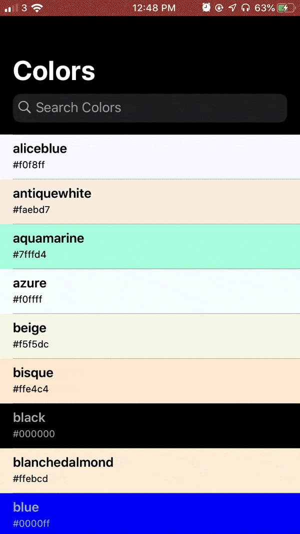 Animated iPhone screen showing a user navigating a 'Colors' app with a list of colors and their corresponding hex color