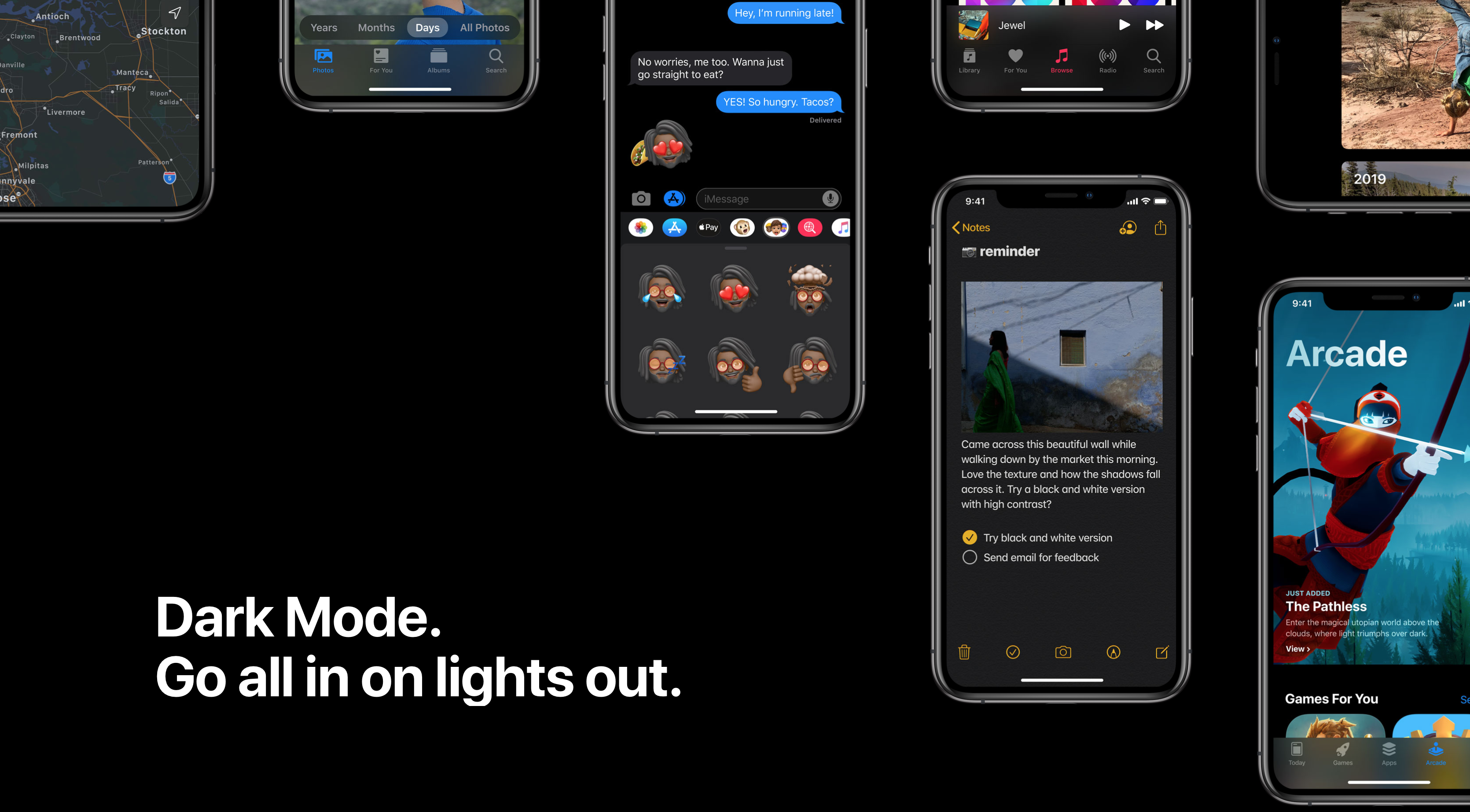 Image of multiple iPhone devices with different apps in dark mode and text label showing 'Dark Mode. Go all in on lights out'.