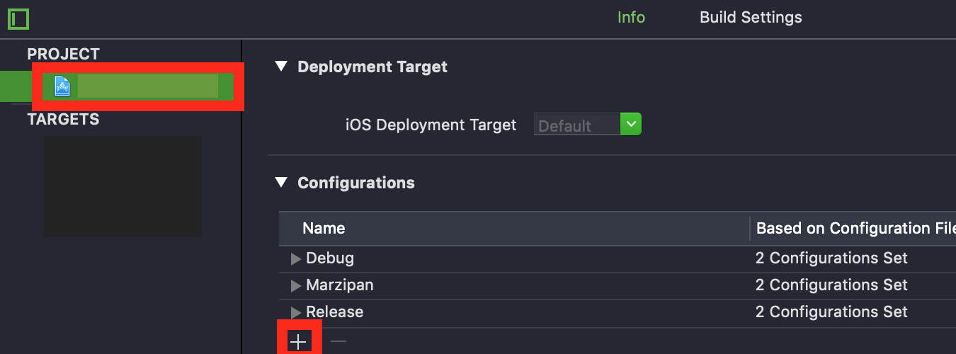 Screenshot of Xcode Project settings with a red circle around the New Build Configuration button.