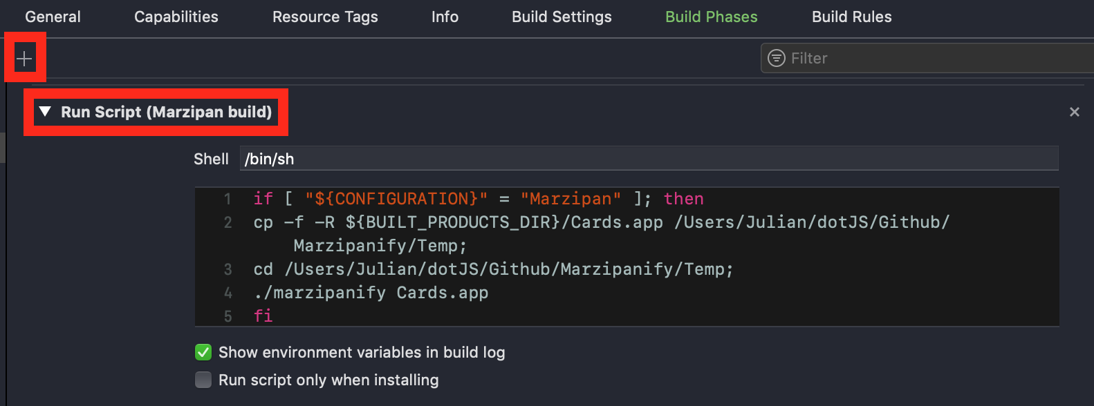 Screenshot of Xcode target settings in the build phases section with a red circle around the New Build Phase button.