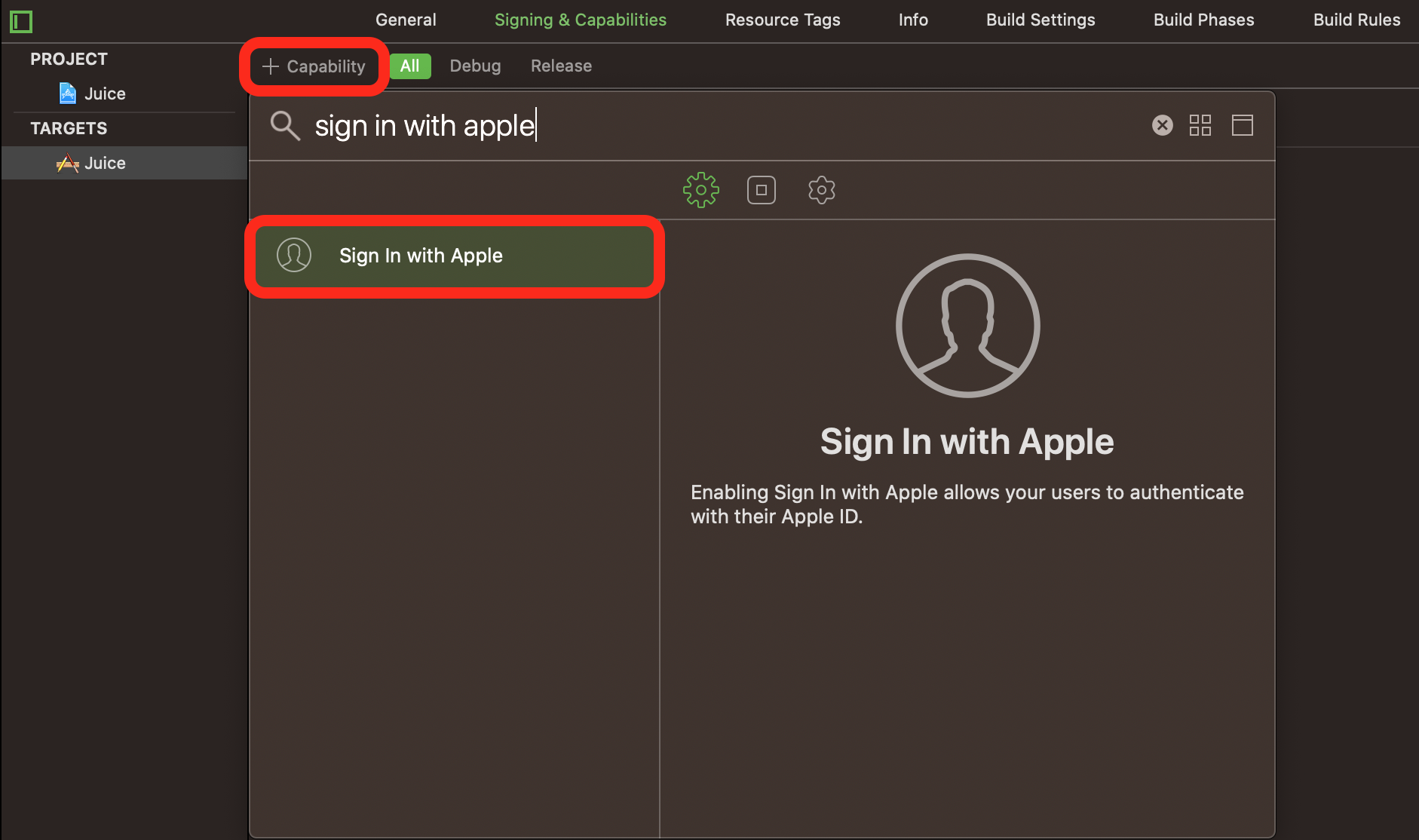 Screenshot of Xcode project manager when adding the Sign in with Apple capability